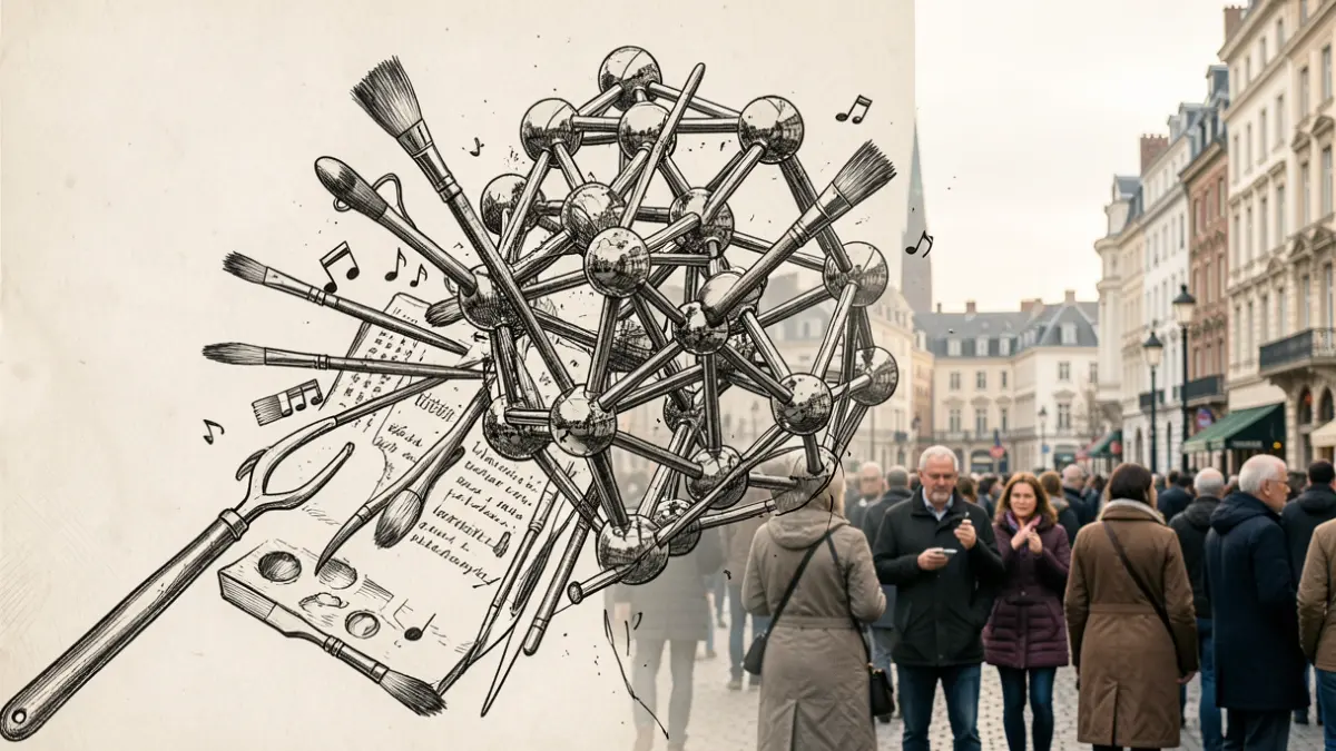 Generic image of an artistic retrospective in Brussels, blending art tools and city symbols.