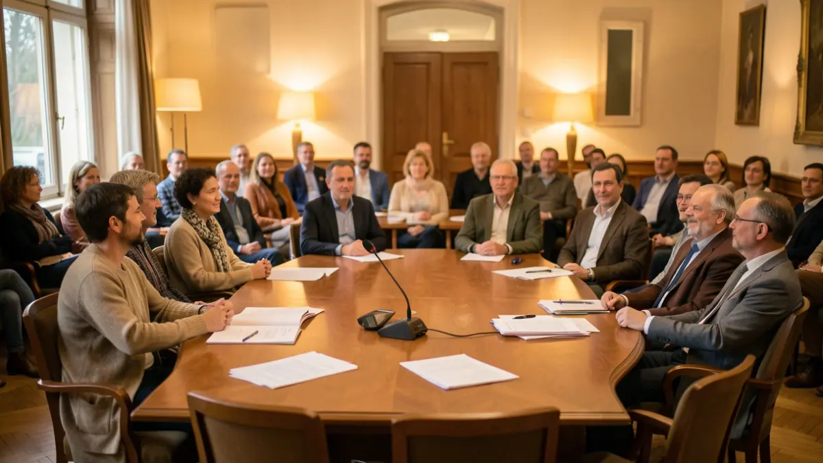Image générique d'une salle de réunion avec des chaises disposées en demi-cercle et une table avec des documents.