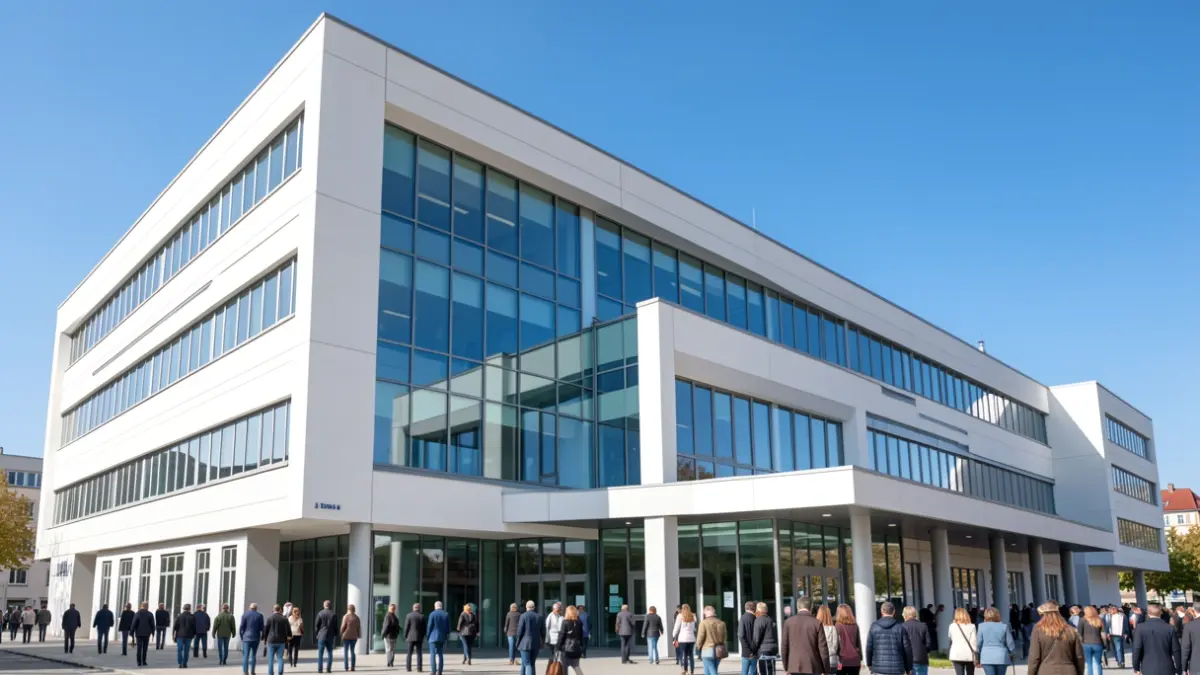 Image générique d'une façade d'hôpital universitaire moderne, avec des lignes épurées et de grandes fenêtres, sous un ciel bleu clair. L'architecture suggère des installations médicales avancées. Aucune personne ni texte visible.