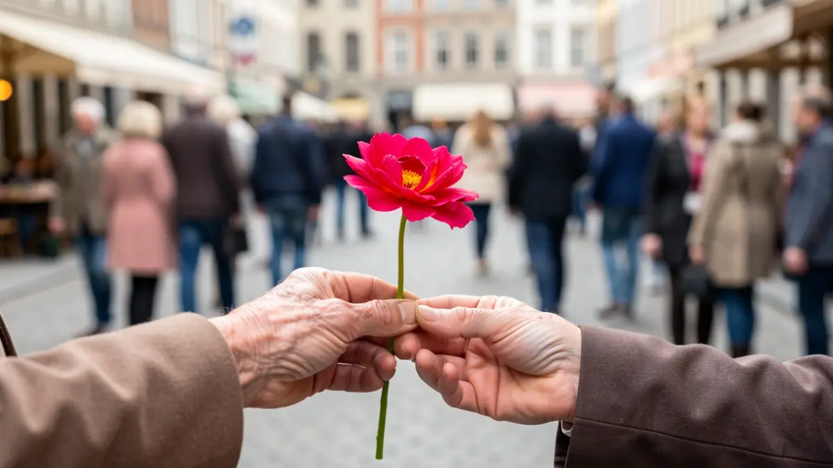 A hand offering a flower to an elderly person in a public space in Brussels.
