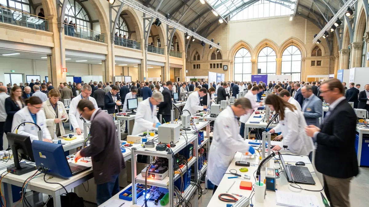 Image générique de participants à un championnat des métiers techniques, avec des outils et des démonstrations en arrière-plan.