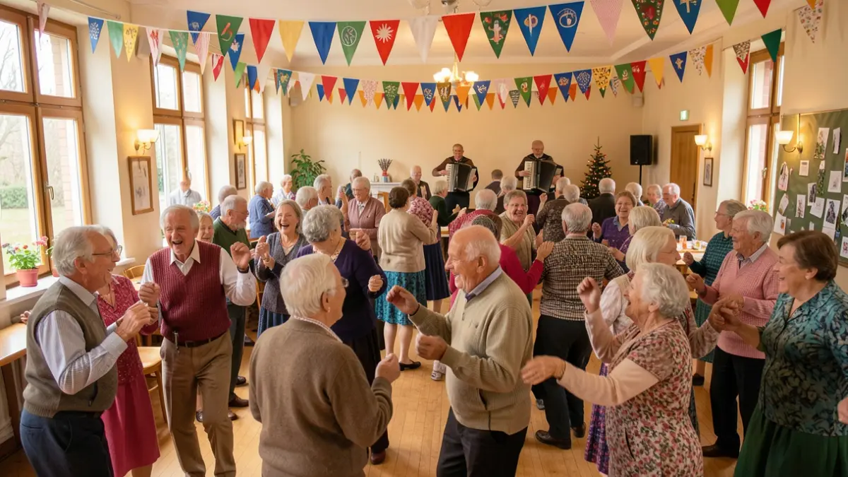 Image générique d'une fête dans un centre communautaire avec des seniors dansant et un accordéoniste.