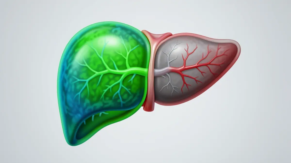 Abstract representation of a healthy liver juxtaposed with a failing one, using vibrant greens and blues for health and muted greys and reds for illness. Medical illustration style, clean background.