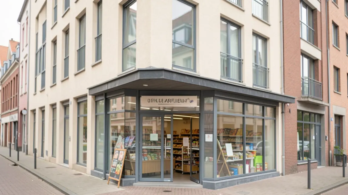Façade d'un local commercial de 90m² destiné à un commerce alimentaire de proximité à Uccle, dans le cadre d'un projet de renouveau de quartier.