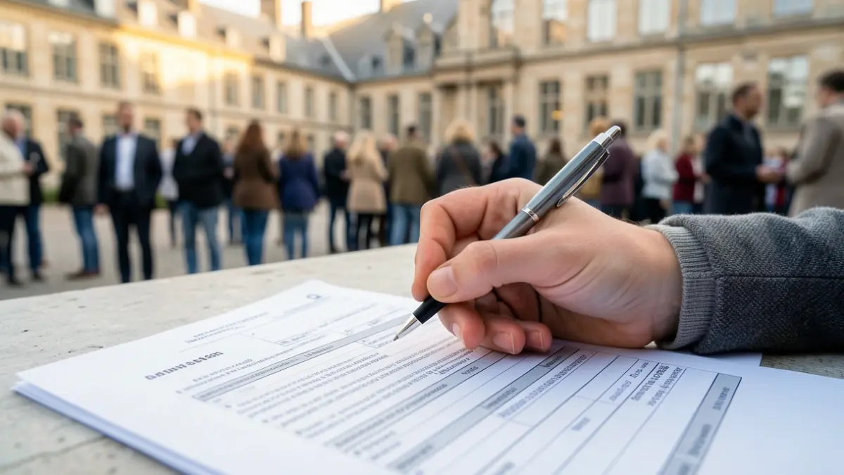 Generic image of a student's hand holding a pen over a financial aid application form, with blurred university buildings in the background.