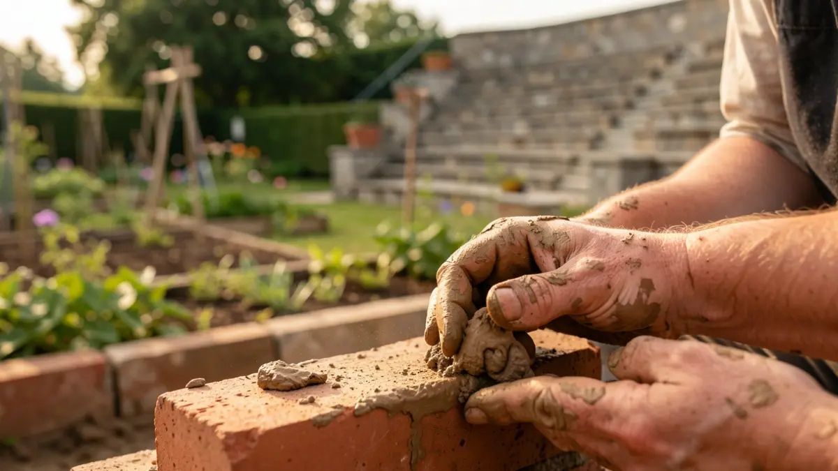 Hands shaping a clay brick in a community garden in Watermael-Boitsfort, with an amphitheater under construction in the background.