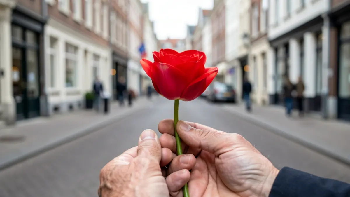 Une fleur tenue dans une main âgée, avec un arrière-plan flou d'une rue bruxelloise.