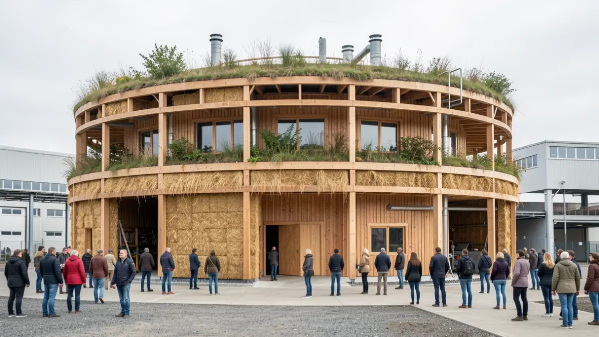 Facade of an innovative circular construction workshop in Tour & Taxis, Brussels, featuring reused materials and green roofs.