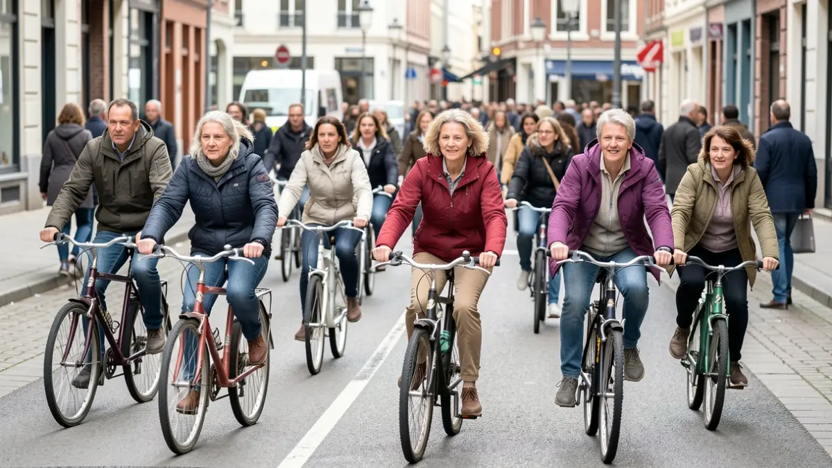 People learning to cycle in the city as part of the Vélo Solidaire project in Evere.