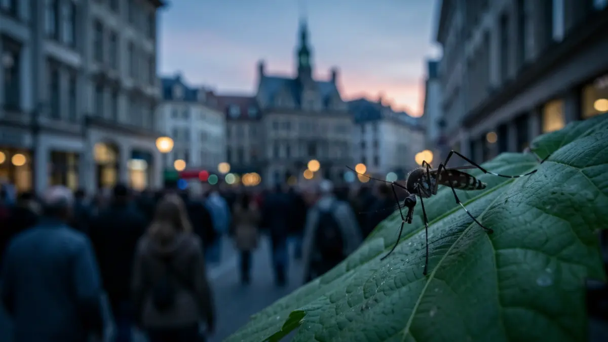 Close-up of a mosquito on a leaf, with a blurred background of a Brussels cityscape at dusk. The lighting is dim and cool, emphasizing the threat of the insect.