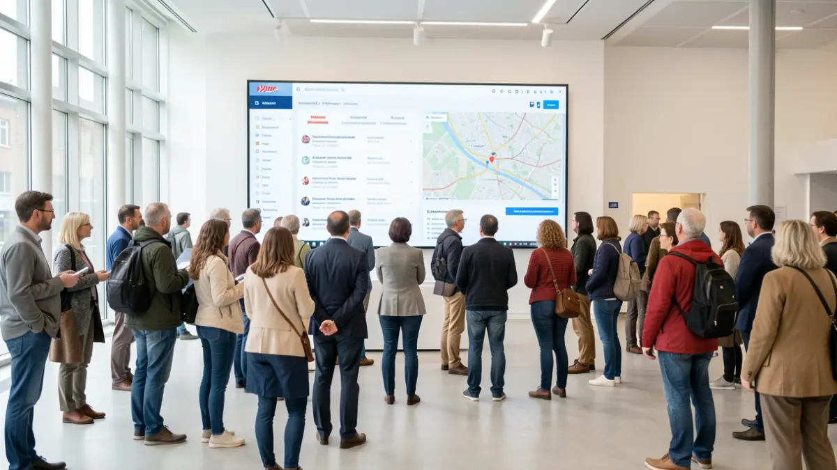 Image générique d'un salon de l'emploi à Bruxelles avec des chercheurs d'emploi devant un écran affichant des offres.