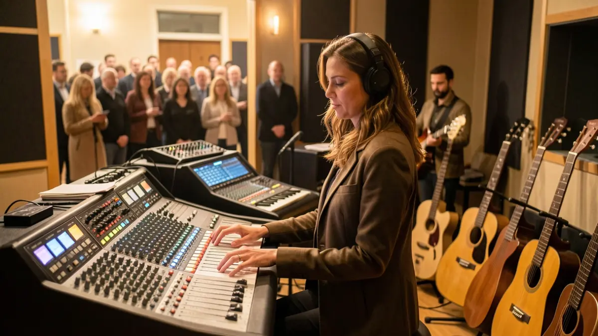 Image générique d'une artiste en studio d'enregistrement, mélangeant équipement électronique et acoustique, dans une lumière douce.
